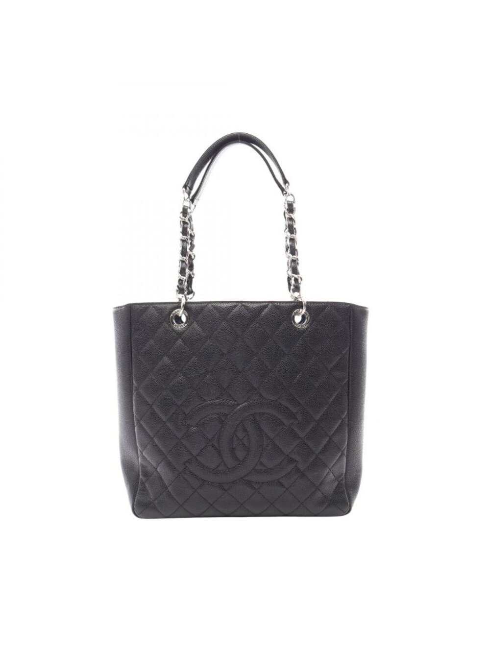 Chanel Tote Bag Quilted Black Caviar Leather CC Logo Chain